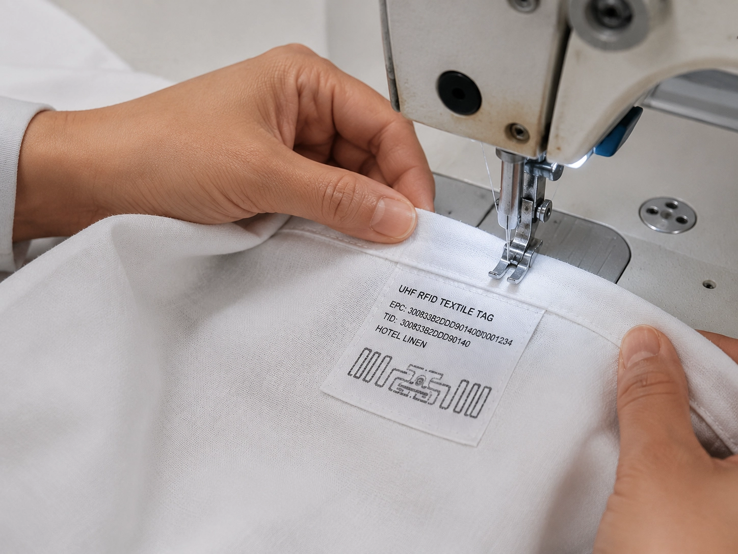 Close-up of a durable UHF RFID textile tag being professionally sewn into the hem of high-quality hotel linen for long-term inventory tracking